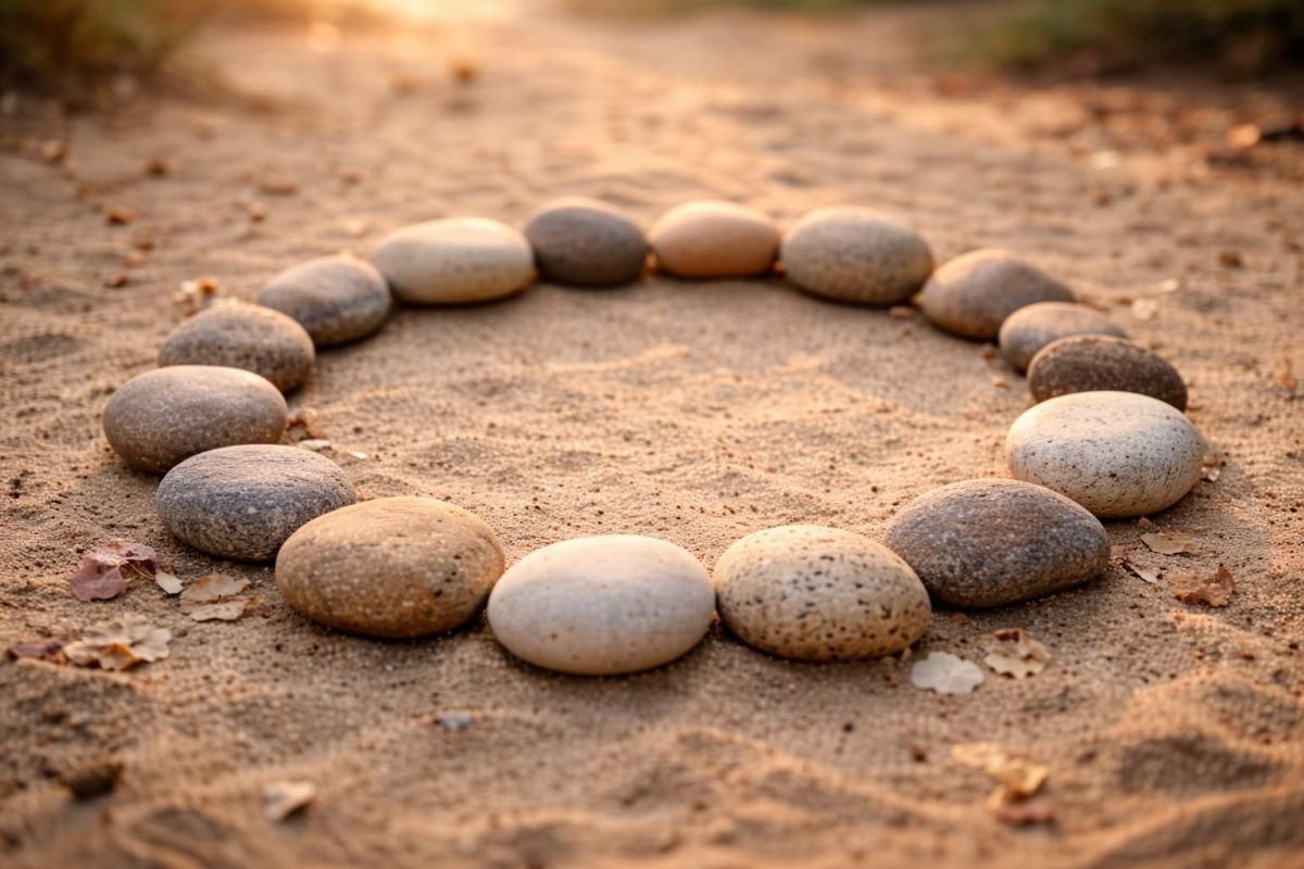 smooth stones arranged in a circular formation on the ground
