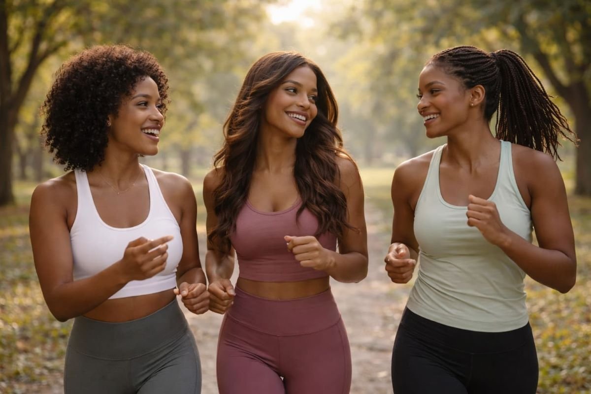 support circle for Black women jogging together in a park while talking and connecting