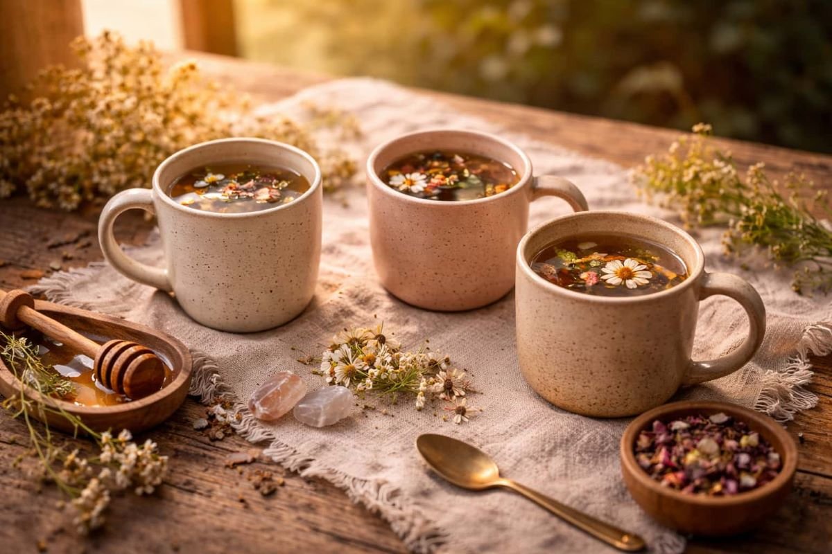 three cups of herbal tea on a wooden table in warm natural light