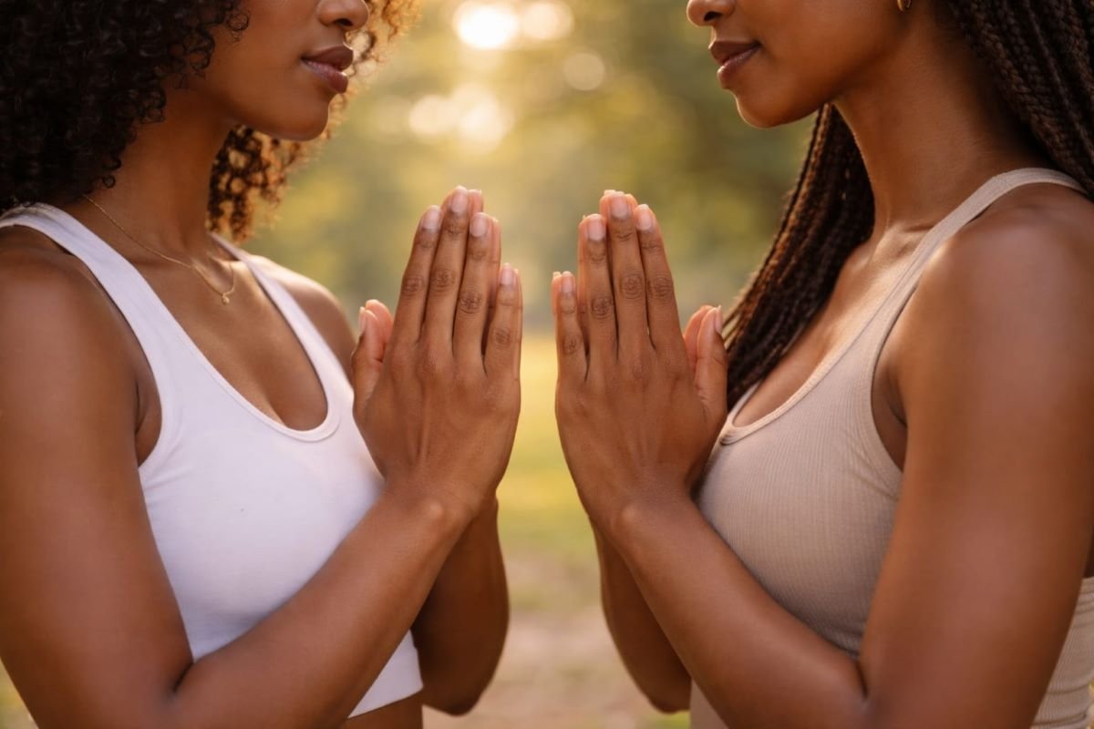 two women facing each other with hands in prayer in a calm outdoor setting
