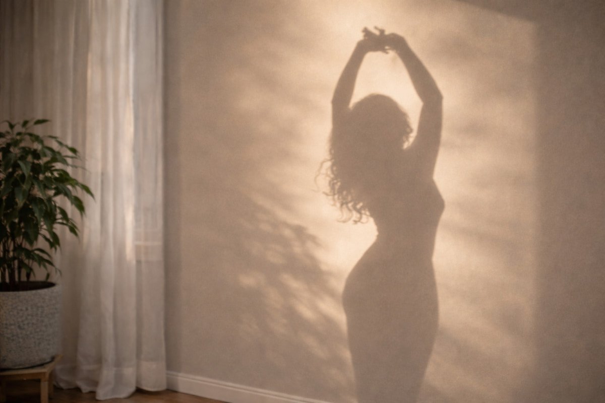 Shadow of a woman stretching on a wall