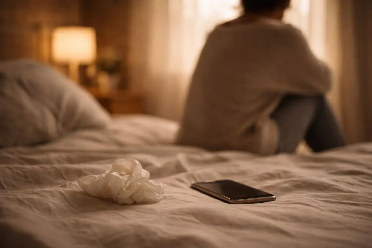 Phone and tissue on a bed in a quiet bedroom scene