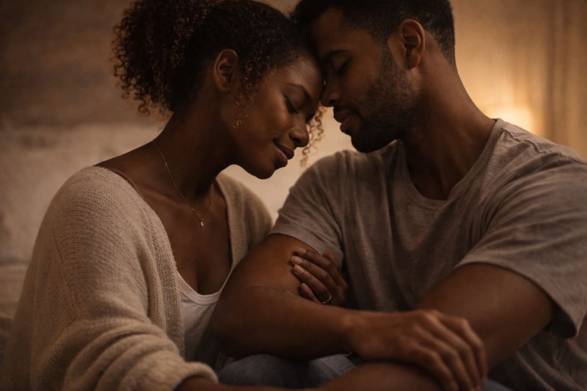 Couple sitting close with foreheads touching