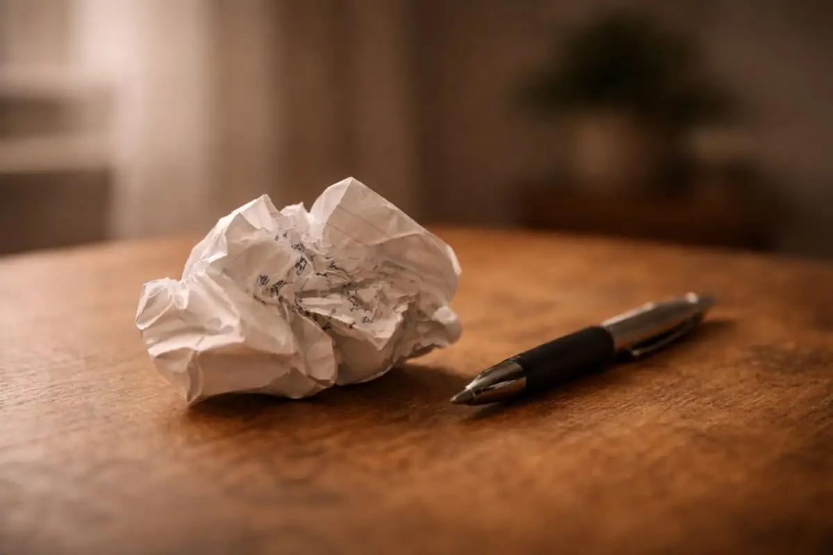 Crumpled piece of lined paper beside a pen resting on a wooden table