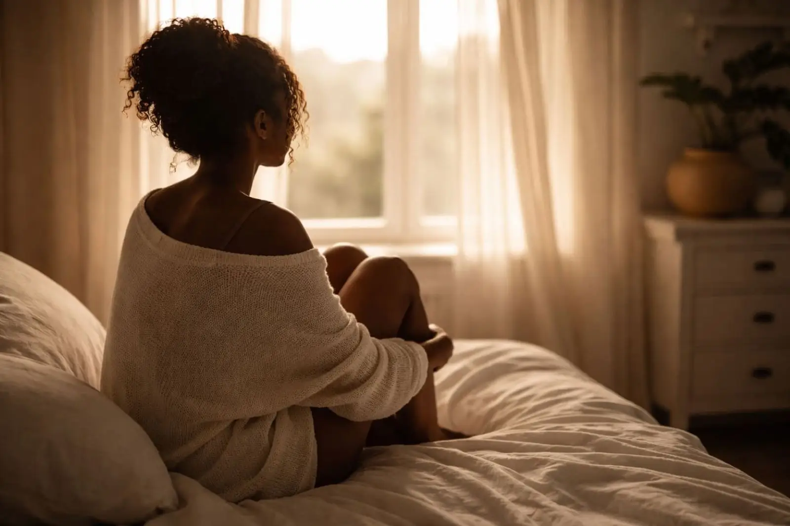 Black woman sitting by a window in soft light symbolizing emotional healing and self-reflection after self-abandonment in relationships