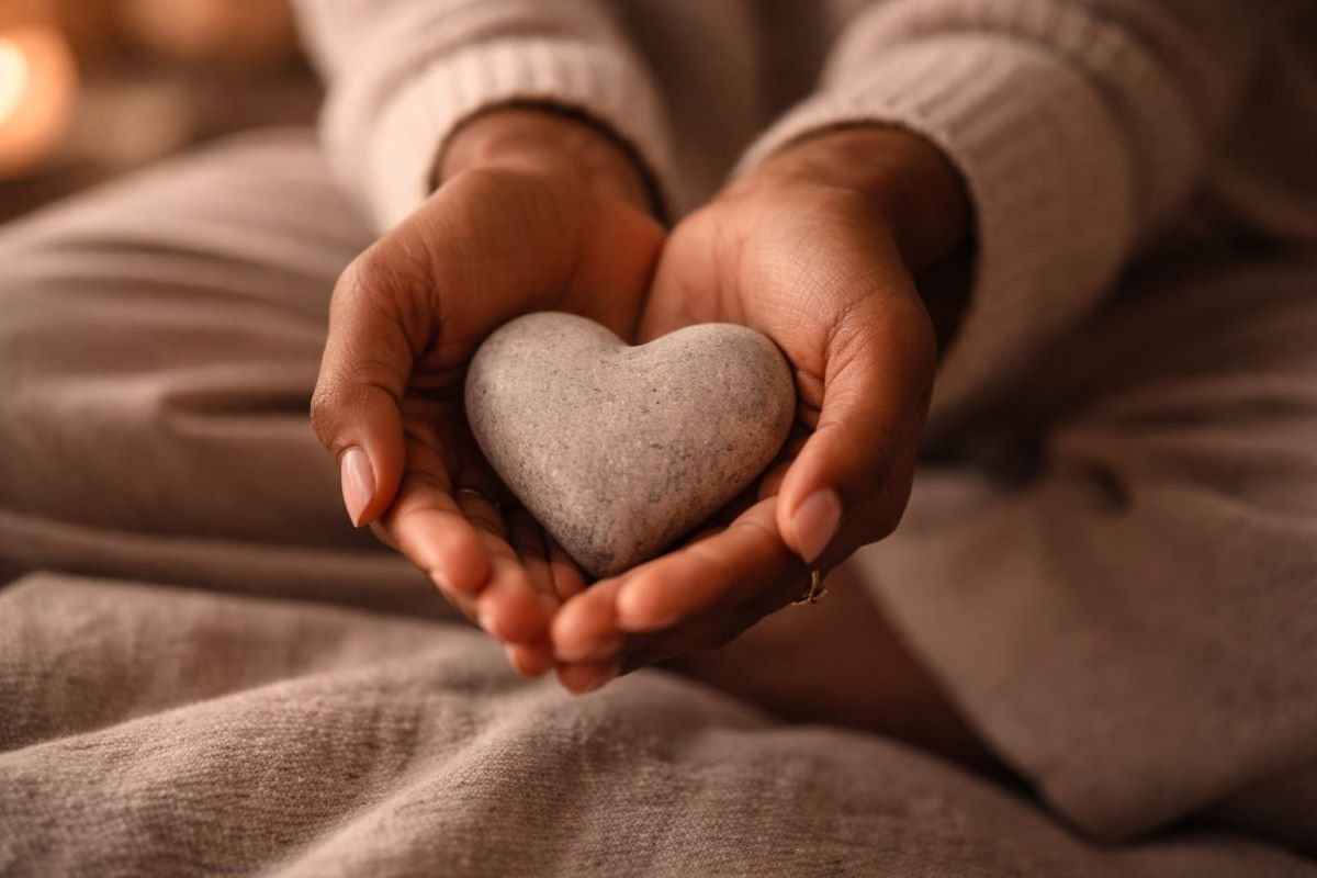 Hands holding a heart-shaped stone