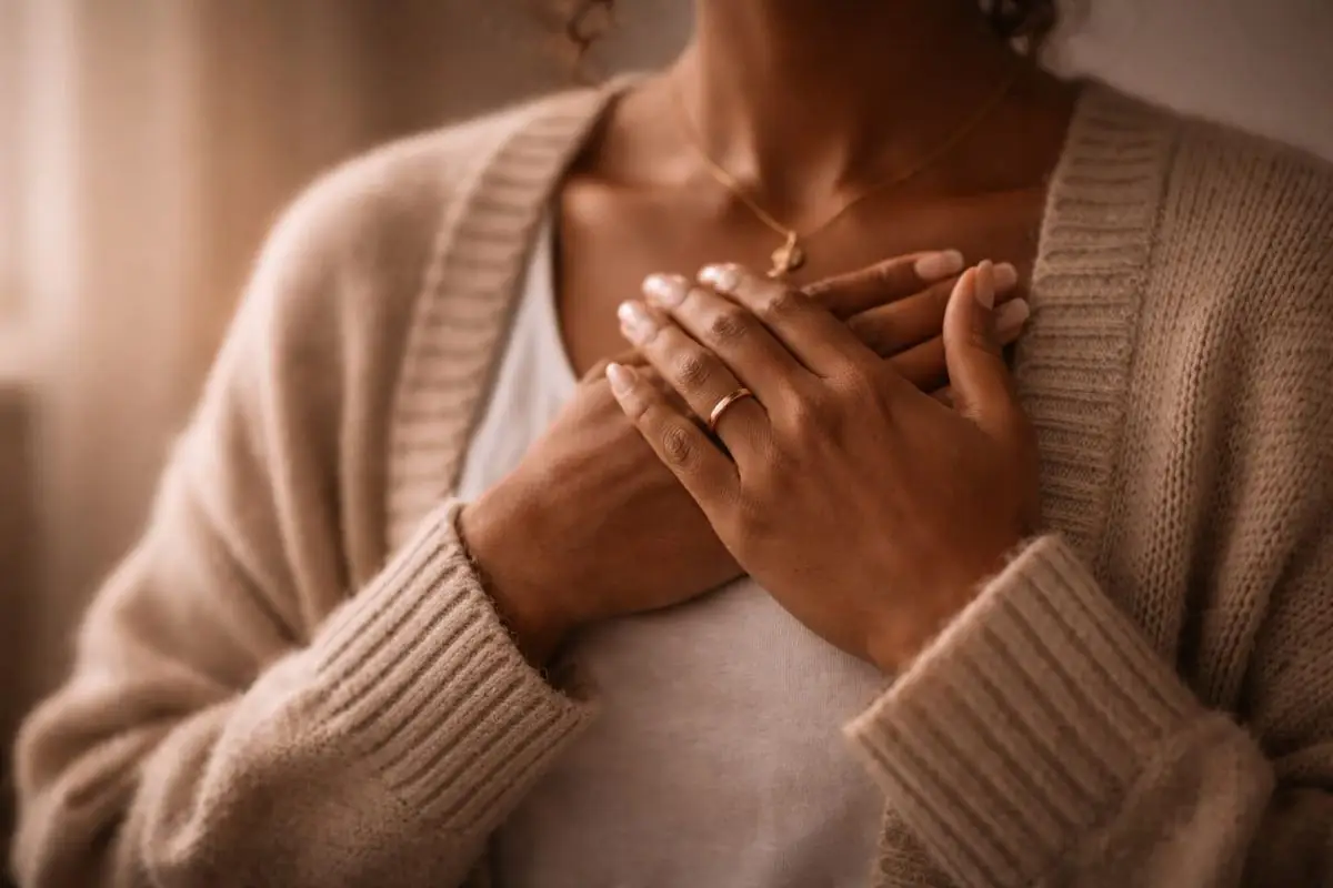 Hands placed over the heart in a calm moment