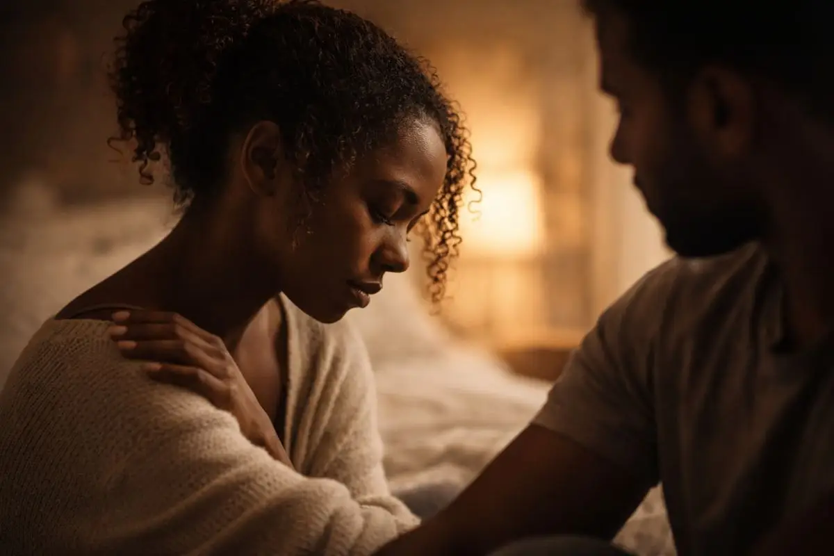Woman sitting with eyes closed while a partner offers gentle physical comfort representing self-abandonment in relationships