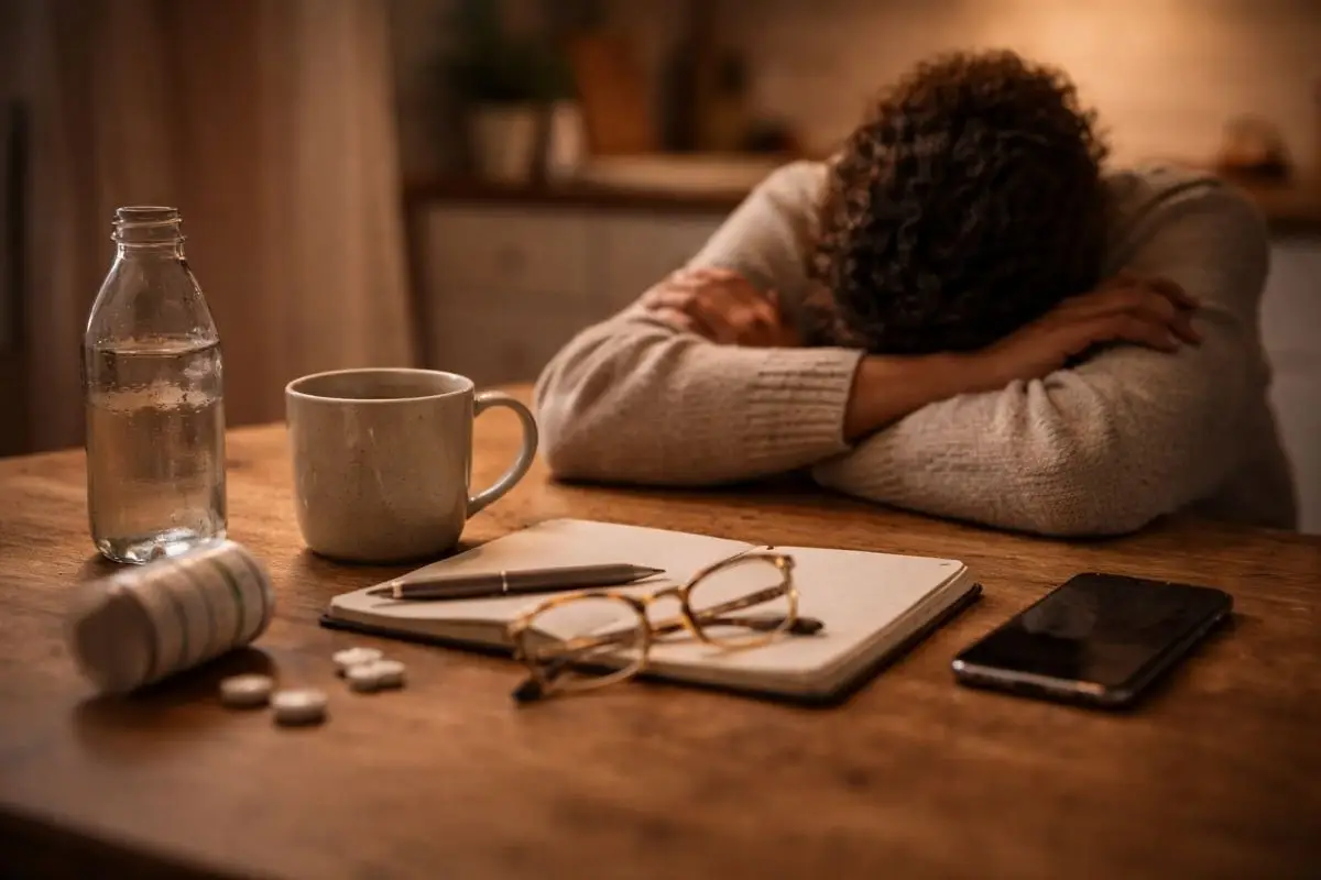 Woman resting her head on her arms at a table, representing emotional exhaustion caused by self-abandonment in relationships