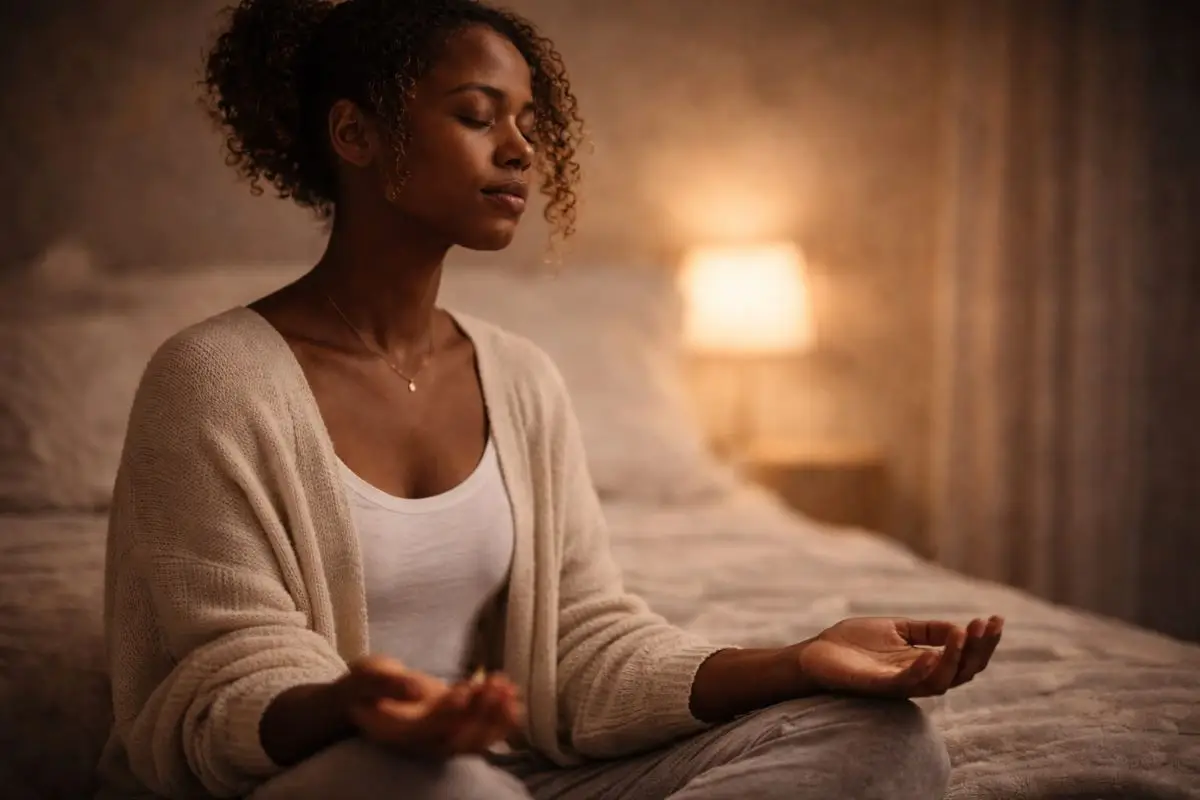 Woman sitting calmly with eyes closed on a couch