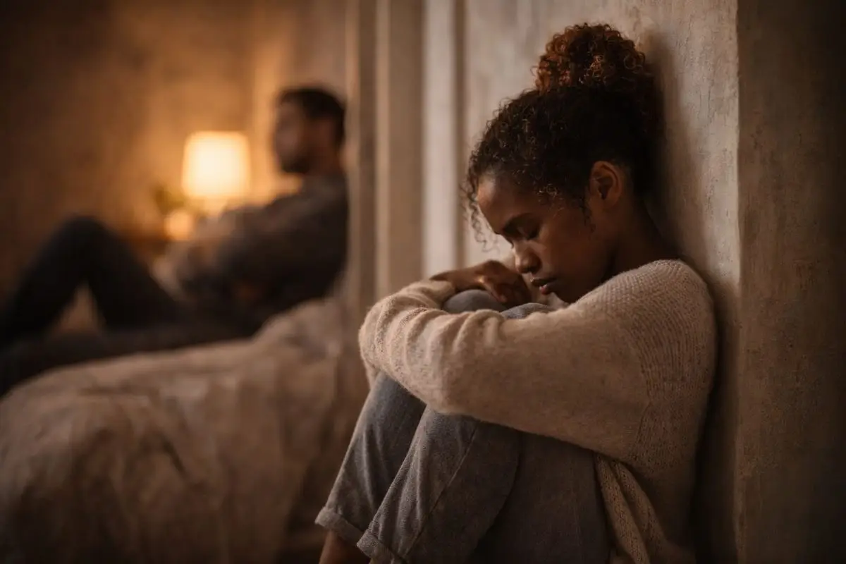 Black woman sitting on the floor with her arms around her knees while a partner sits quietly in the background