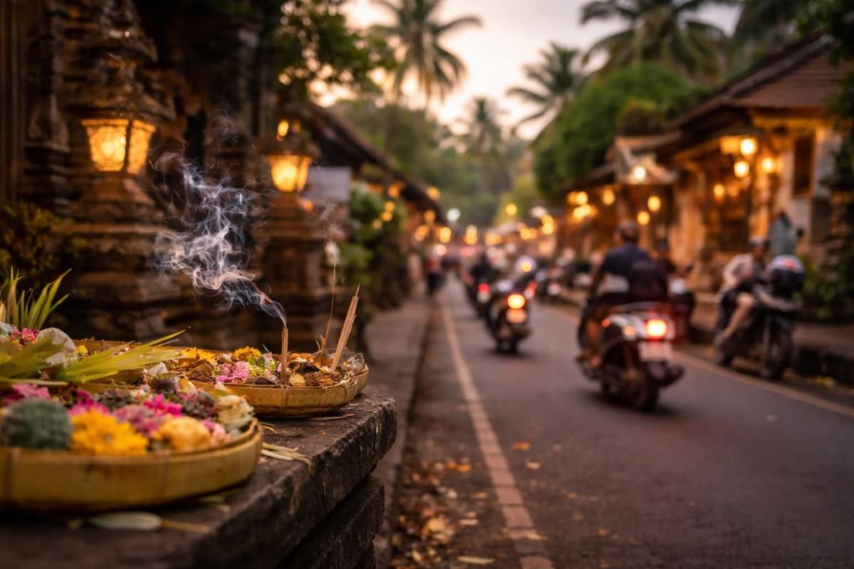 Balinese offerings with incense beside a lively street at dusk