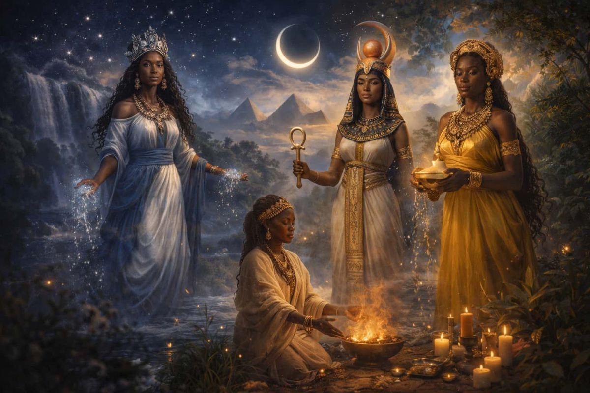 African priestesses gathered beneath the moon during a sacred feminine ritual representing ancestral wisdom