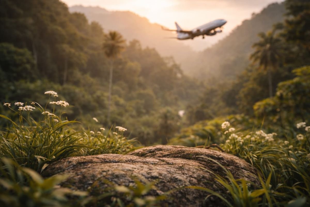 Airplane flying over a lush tropical valley at sunrise