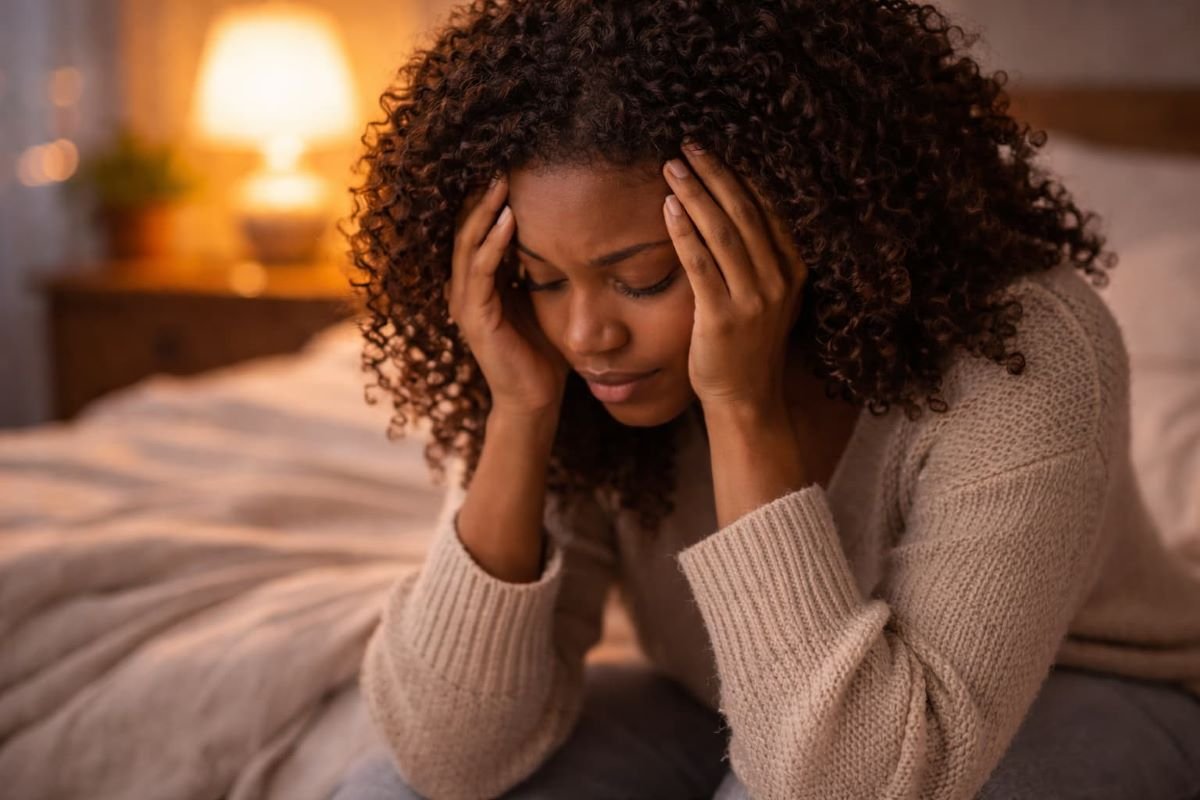Black woman sitting on a bed with her head resting in her hands, showing emotional exhaustion in a softly lit bedroom.
