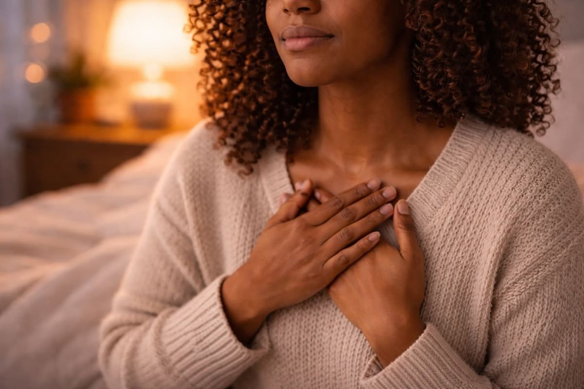 Black woman resting her hands over her heart while breathing calmly in a softly lit bedroom.