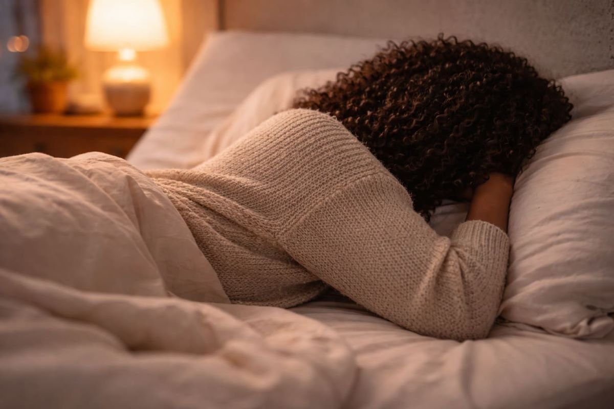 Black woman lying on her side in bed with her back facing the camera, resting under soft bedding in warm indoor light.