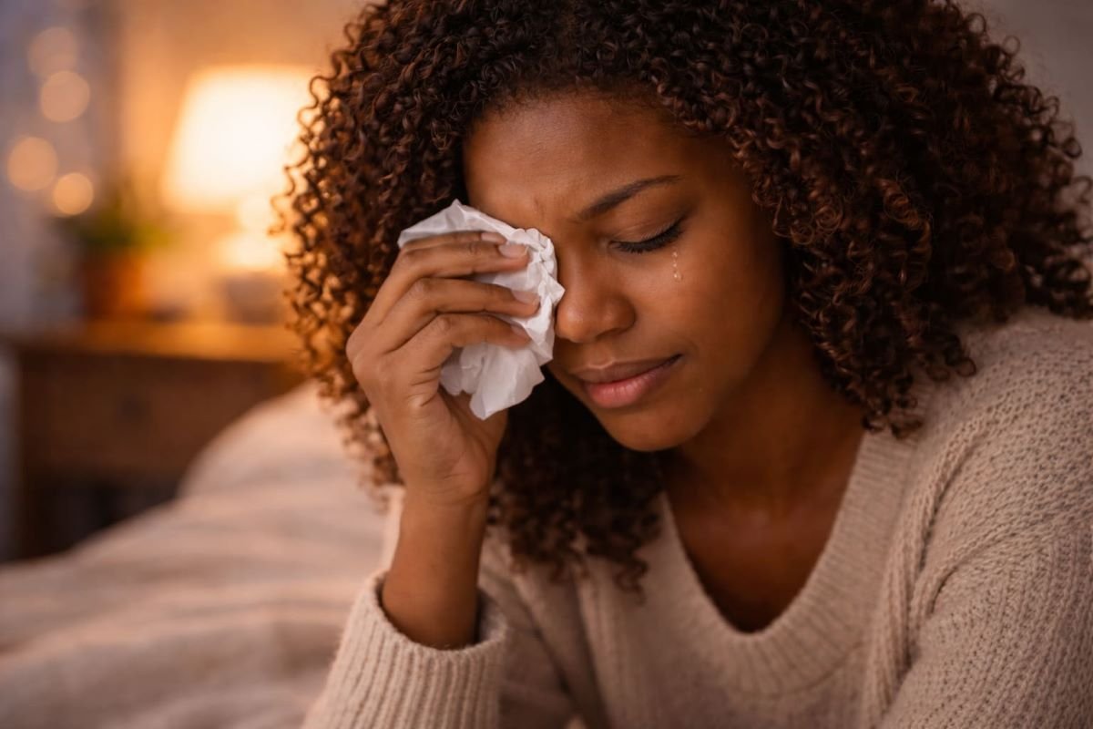 Black woman gently wiping tears from her face with a tissue in a softly lit bedroom.