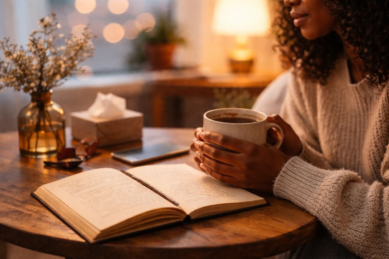 Black woman sitting calmly with a warm drink, reflecting after emotionally draining relationships in a peaceful home setting.