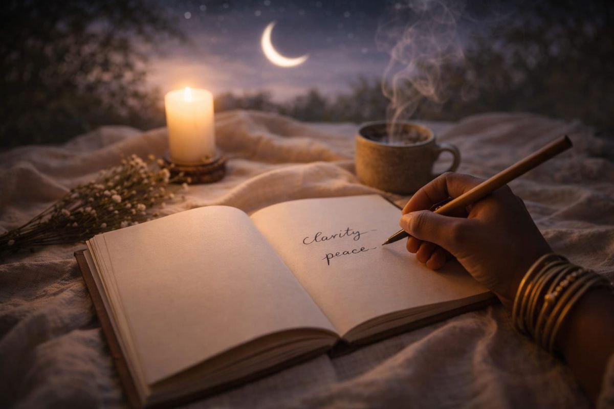 Woman writing intentions in a journal during a new moon manifestation ritual focused on feminine alignment