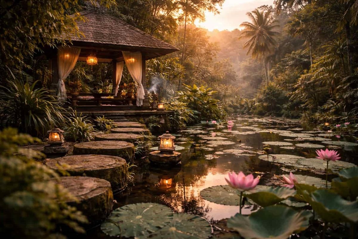 Quiet Balinese Garden with a lotus pond, lanterns, and soft evening light