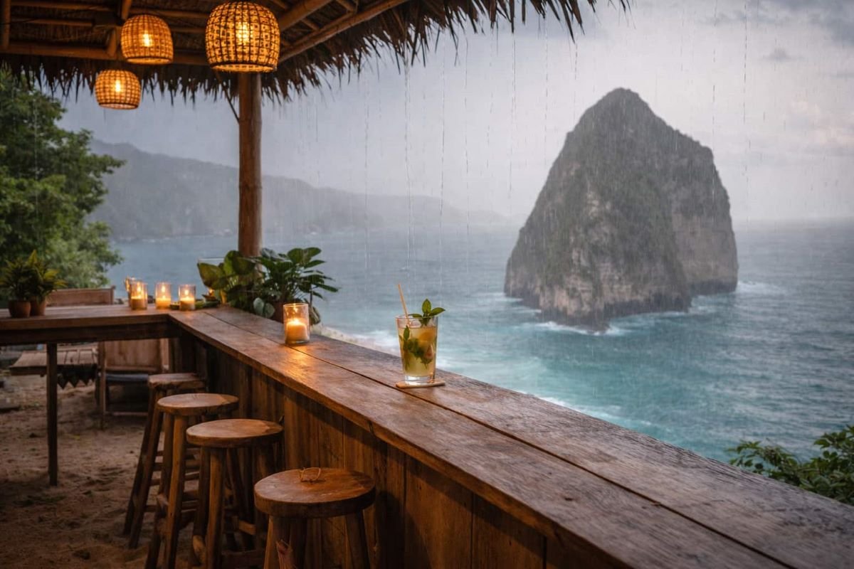 Quiet beachside nusa penida bar overlooking the ocean during a gentle rain