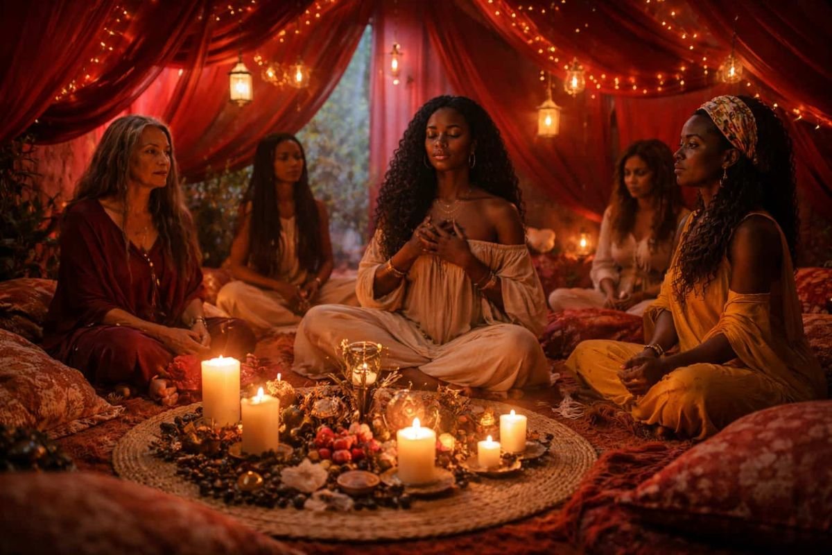 Women gathered inside a red tent in a circle, resting together with candles and soft lighting