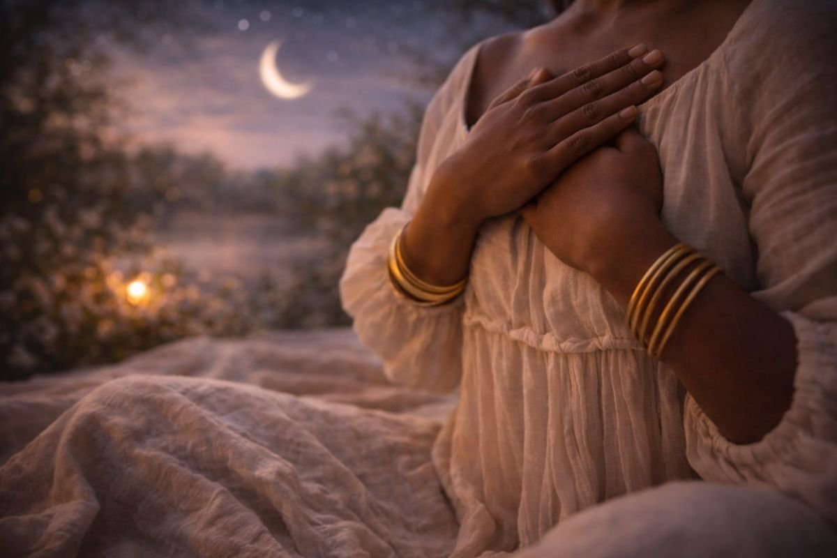 Hands resting over the heart beneath a crescent moon symbolizing inner integration and self-connection
