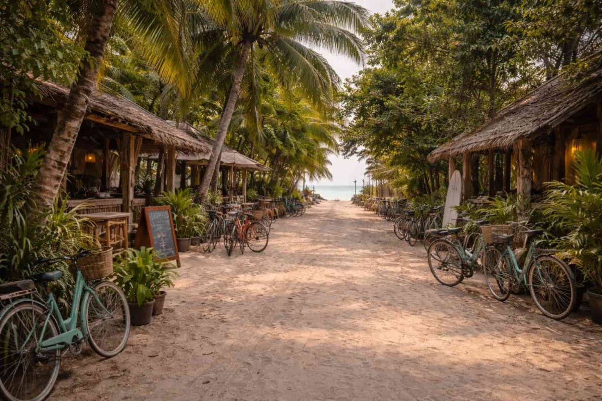 Sandy street lined with bicycles and tropical cafés on a quiet island