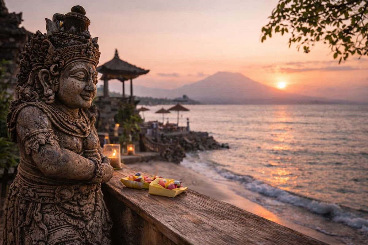 Spirutal journey in Bali Quiet Balinese Garden with a lotus pond, lanterns, and soft evening light