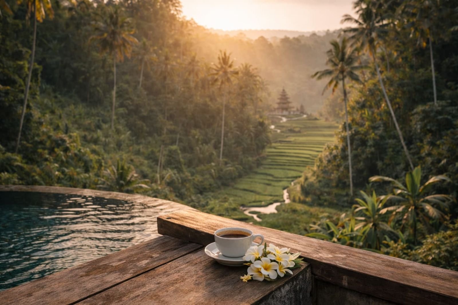 Spiritual journey in Bali reflected in quiet rice fields and morning light