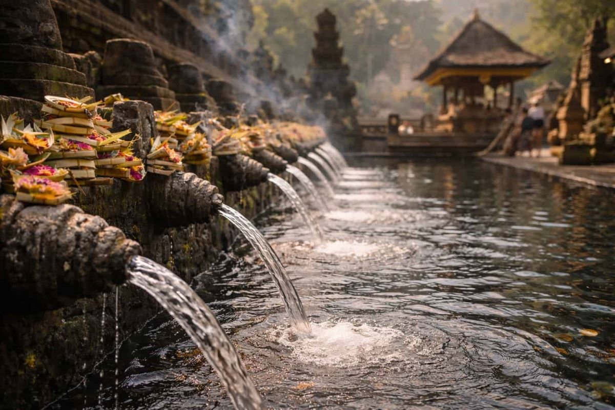 Spiritual journey in Bali reflected through flowing water and offerings at a sacred temple