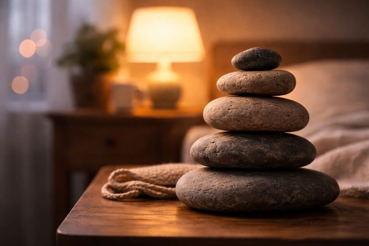 Stack of smooth stones arranged on a wooden table in soft warm indoor lighting.