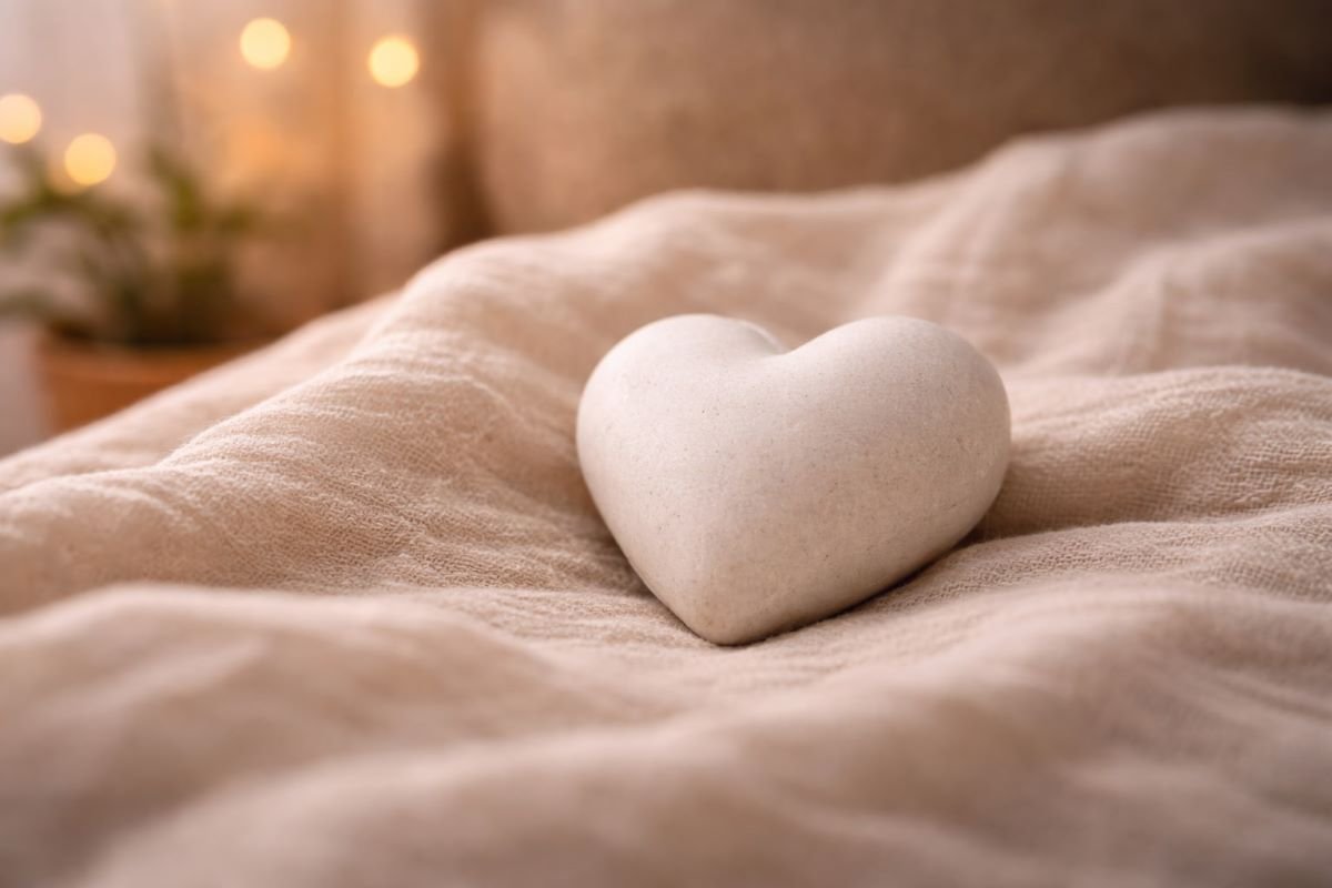 Smooth white heart-shaped stone resting on soft beige linen fabric in warm natural light.