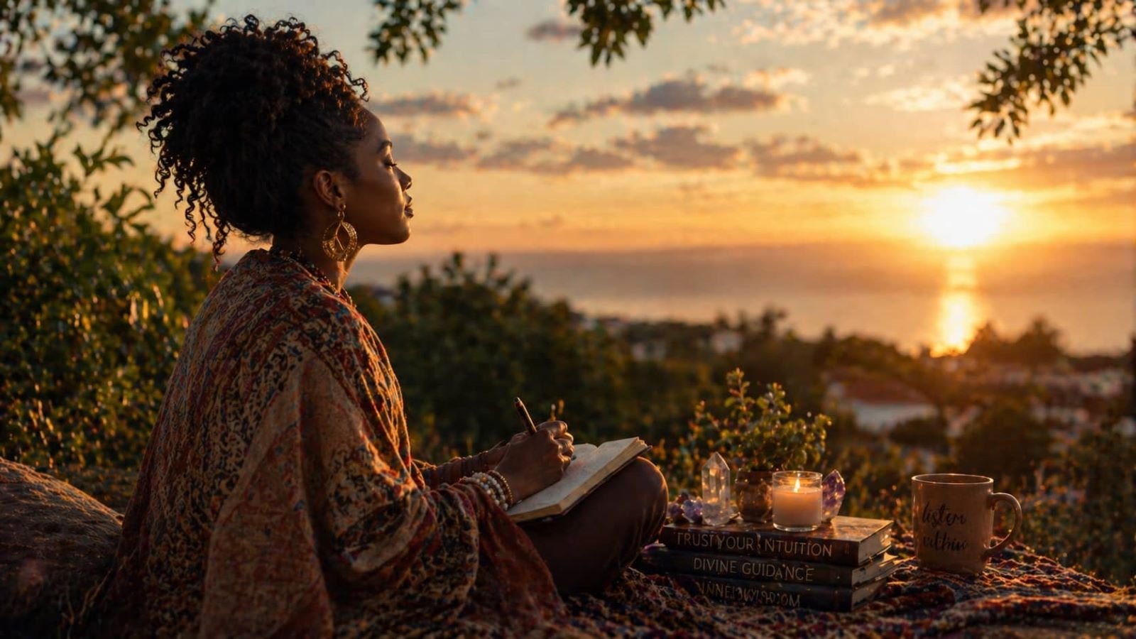 Black woman journaling at sunset in nature, reflecting and trusting her intuition in a peaceful spiritual moment