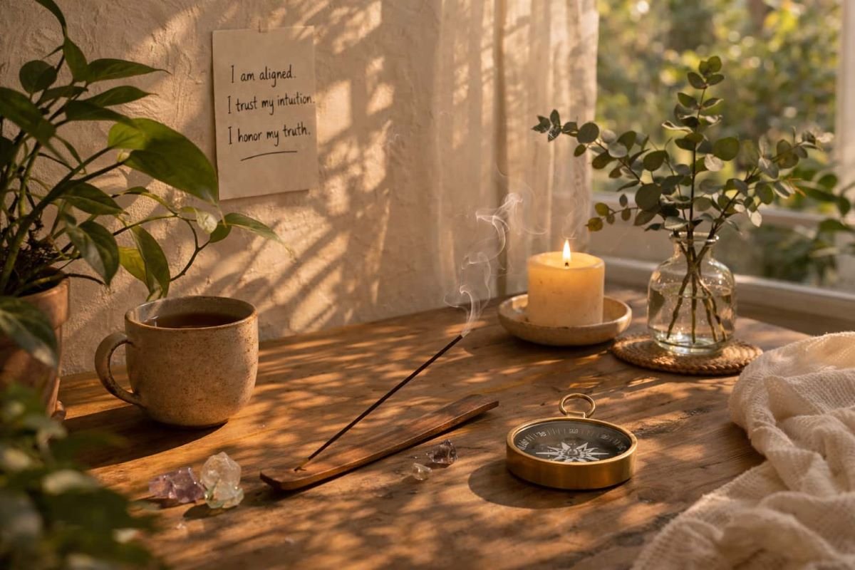 Compass and burning incense on a sunlit table symbolizing inner alignment, and intuitive guidance