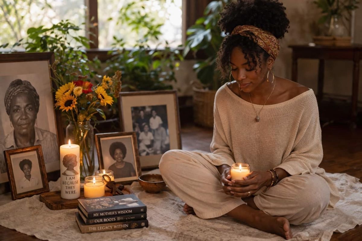 Black woman sitting on the floor holding a candle, surrounded by family photos and flowers, reflecting and honoring her ancestors