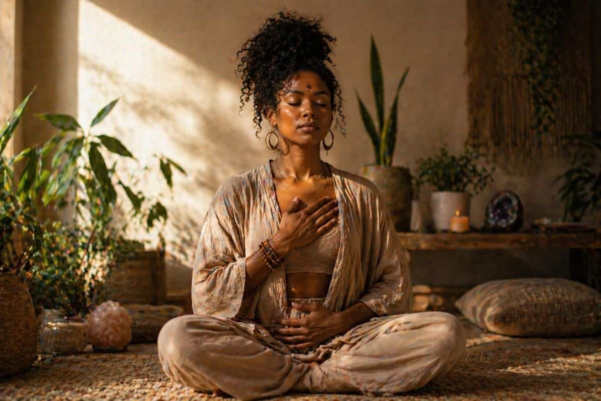 Black woman sitting cross-legged in a sunlit room, practicing mindfulness and spiritual alignment through quiet meditation