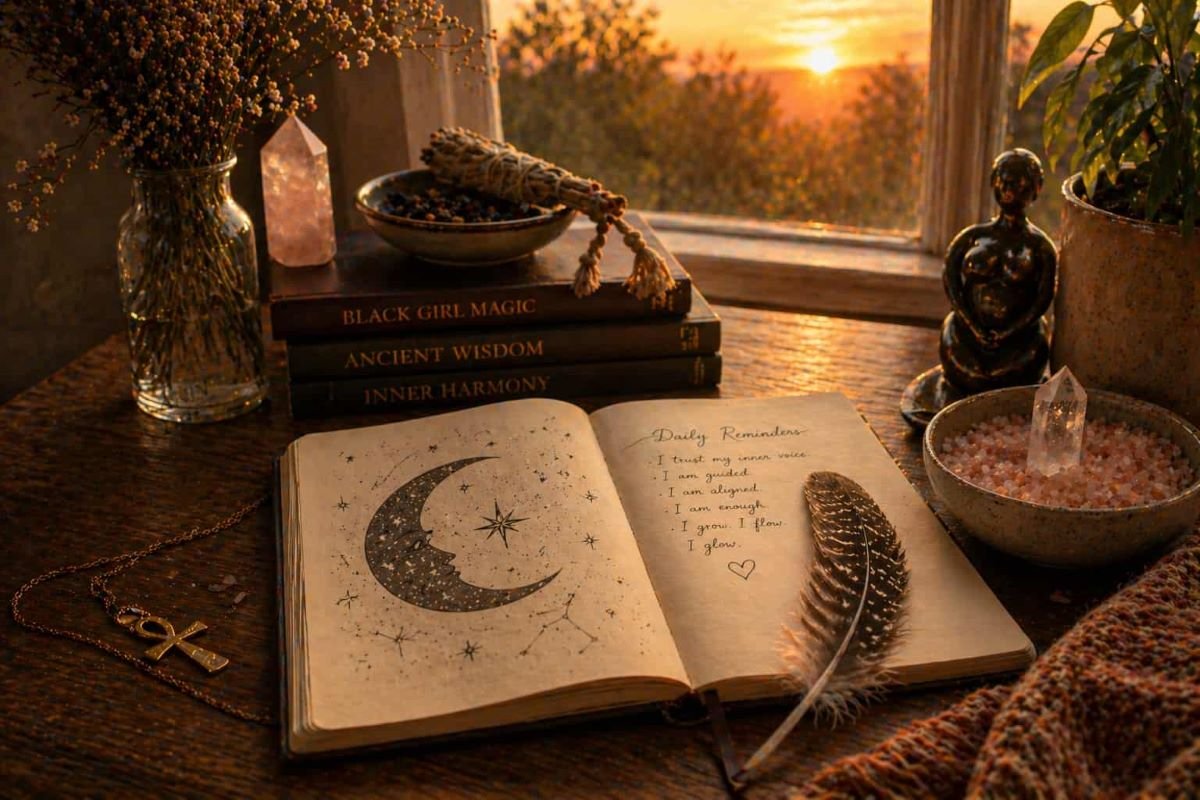 Morning journal with celestial drawing, feather, and bowl of salt or crystal in warm sunlight, symbolizing intuitive journaling and inner reflection