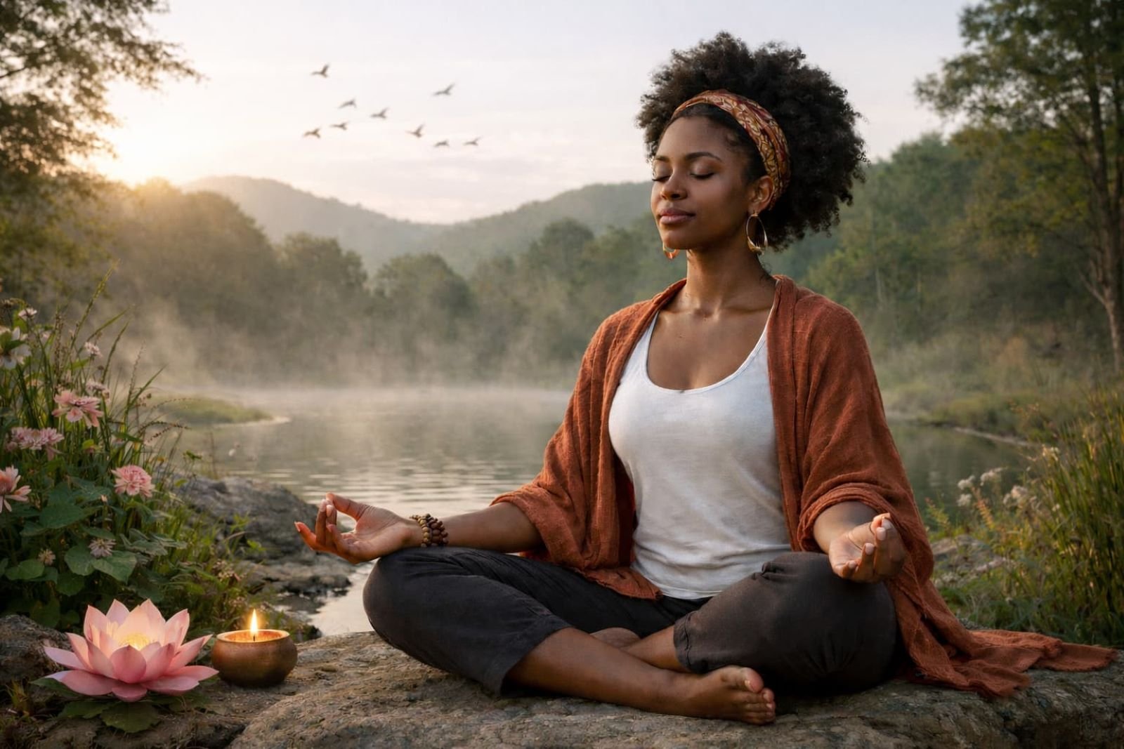 Black woman sitting by a lake at sunset, reflecting peacefully in nature, embodying divine feminine energy and inner alignment
