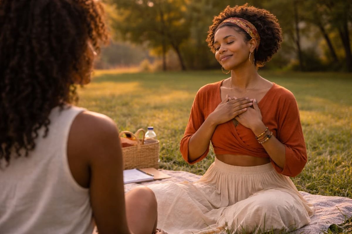 Two Black women sitting on grass in a park sharing a peaceful moment of gratitude and connection, representing divine feminine energy and sisterhood