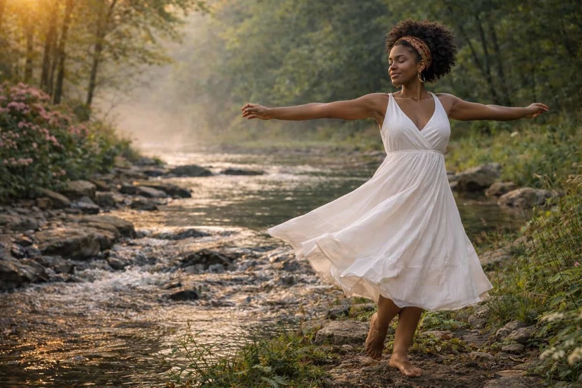 Black woman dancing by the water, embodying divine feminine energy, gratitude, and connection to life