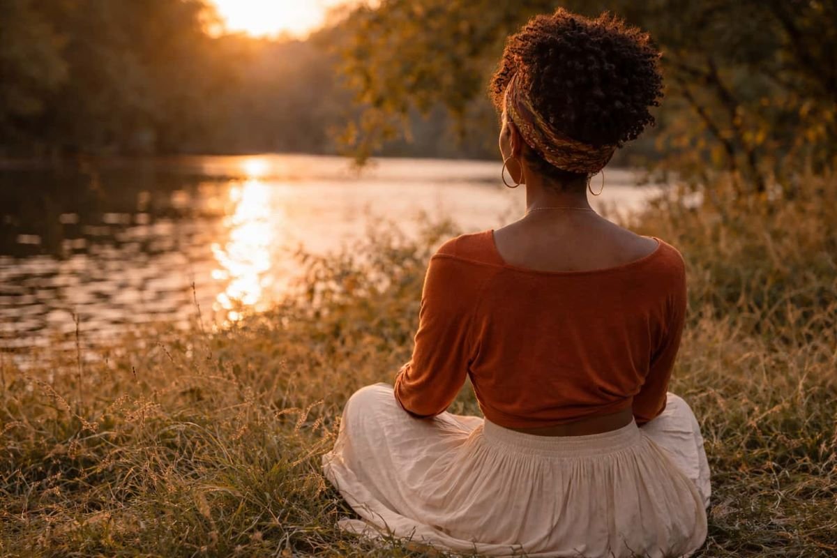 Black woman sitting by a lake at sunset, reflecting in stillness and embodying divine feminine energy and inner peace