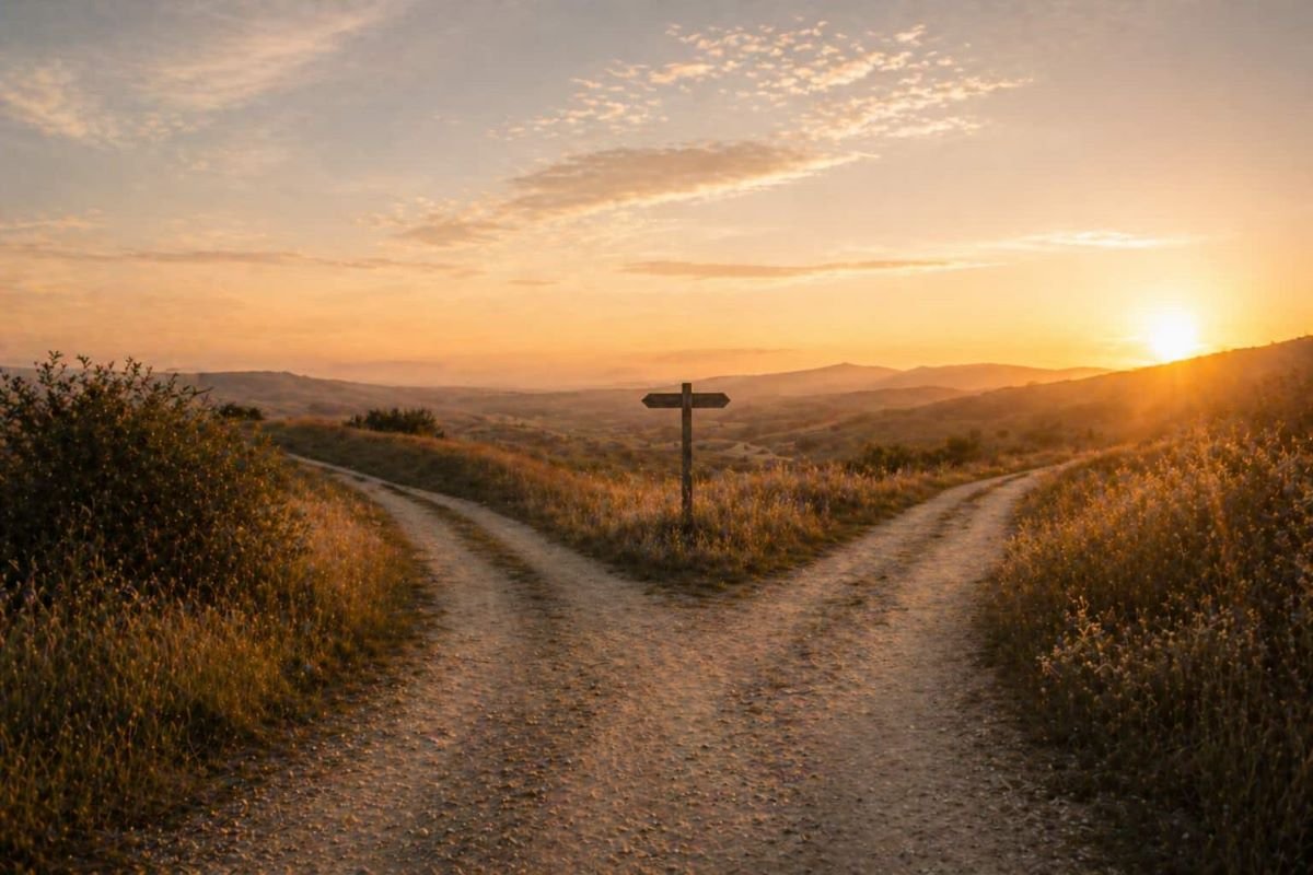 Fork in a dirt road at golden hour with two paths leading in different directions, symbolizing life choices