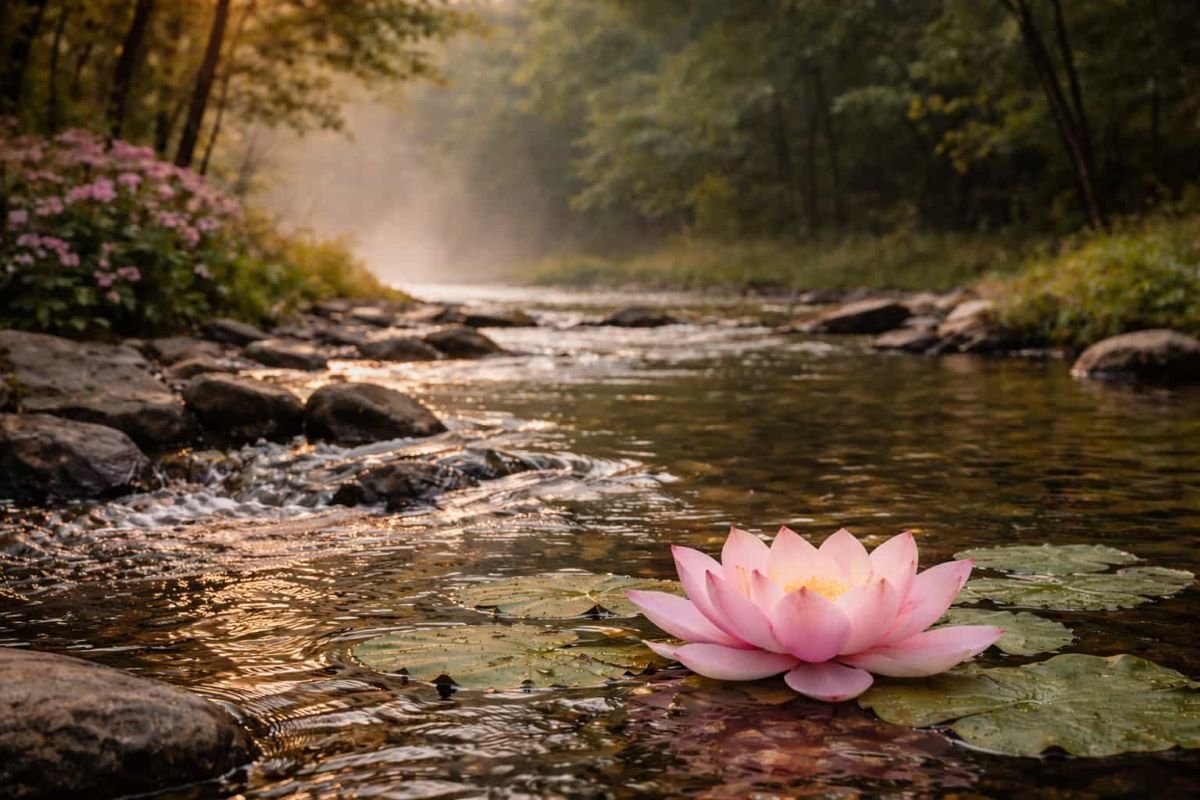 Pink lotus floating on a calm forest stream, symbolizing divine feminine energy, intuition, and inner peace