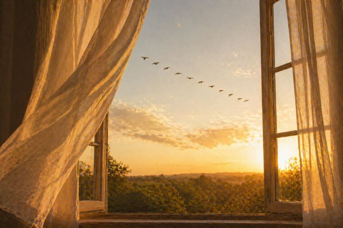 Open window with sheer curtains at golden hour and birds flying in formation, symbolizing trusting your intuition and inner guidance