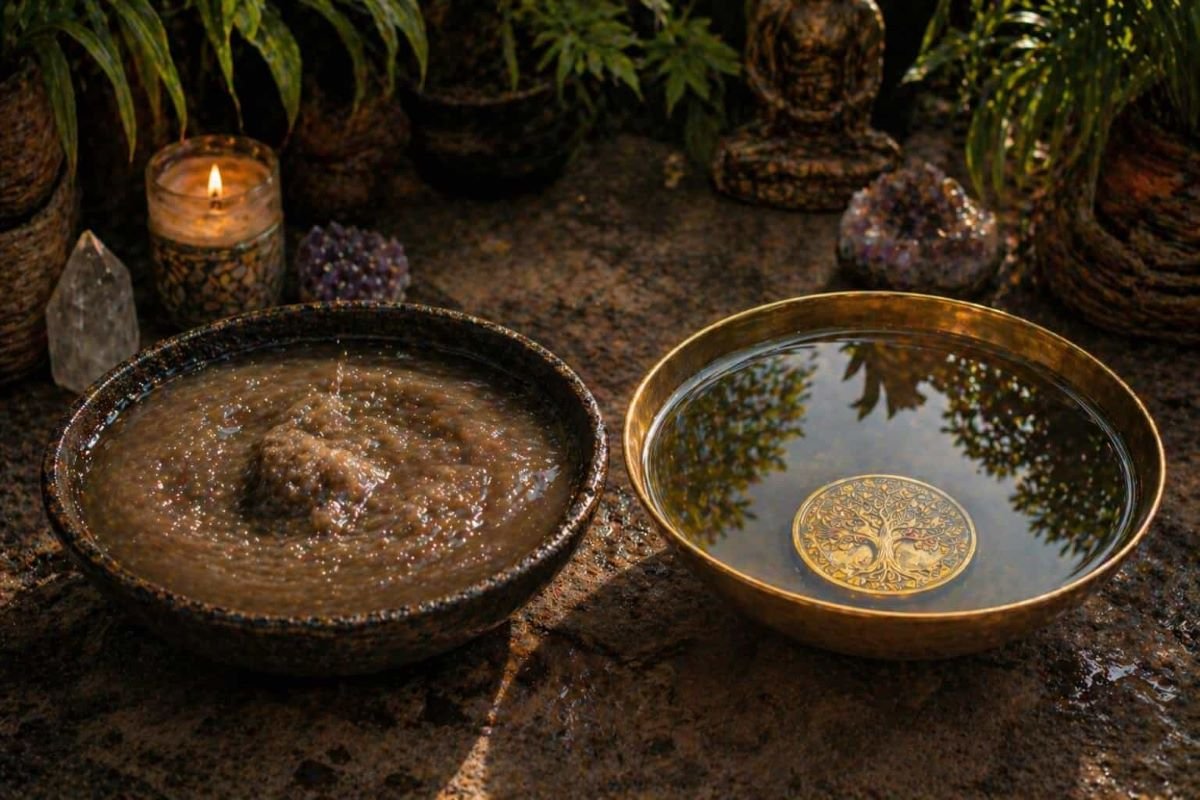 Two bowls of water showing contrast between muddy turbulent water and clear still water with a gold coin, symbolizing overthinking versus trusting your intuition