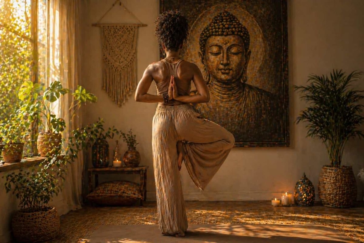 Black woman practicing yoga in a sunlit room, facing a Buddha artwork, representing trust your intuition and inner alignment