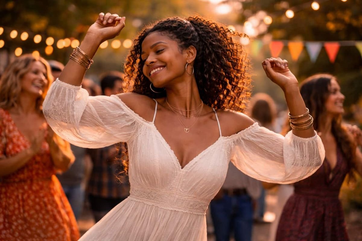 Black woman dancing freely in a public space expressing joy, confidence, and emotional freedom