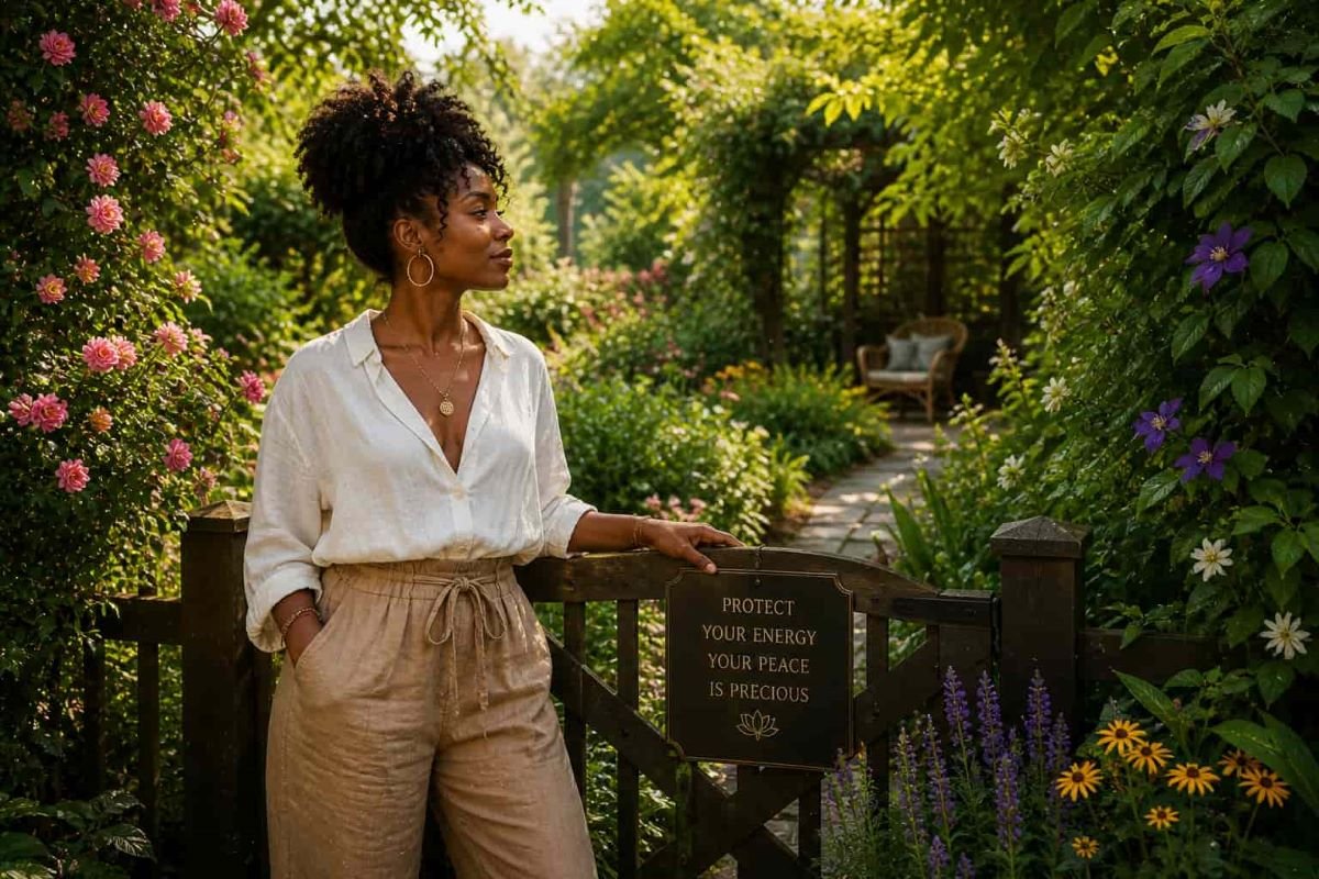 Black woman standing in a lush garden with her hand resting on a gate, symbolizing protecting her energy and, setting boundaries.